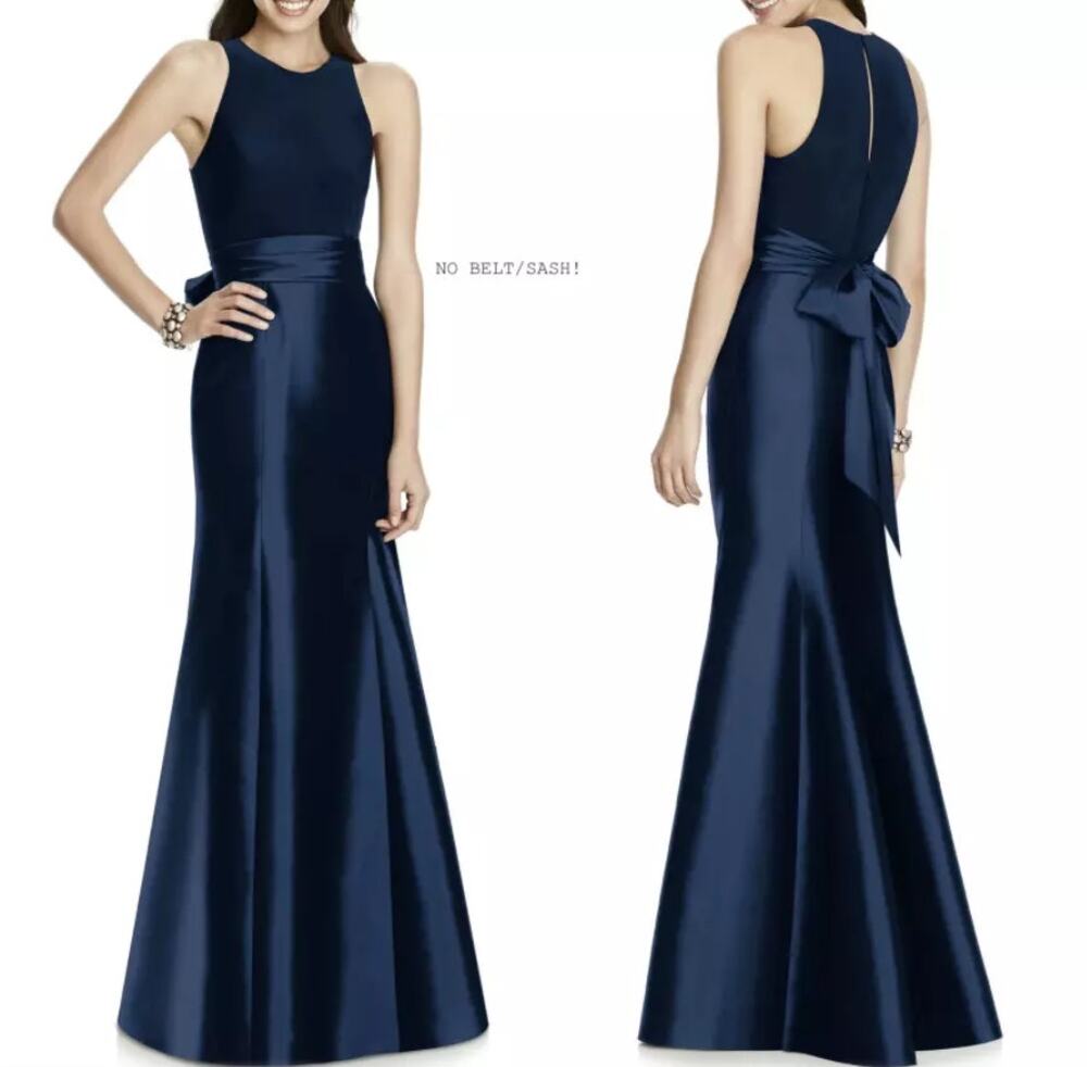 Alfred Sung D737 Mikado Trumpet Gown Women 10 Midnight Blue Sleeveless Formal - Picture 1 of 6